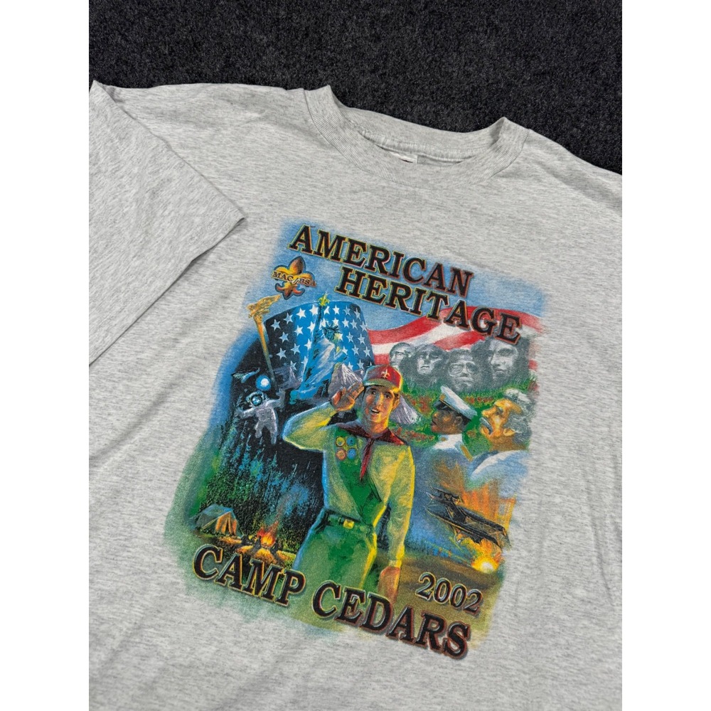 Vintage 2002 Camp Cedars American Heritage BSA Boy Scouts T Shirt XL Nebraska
